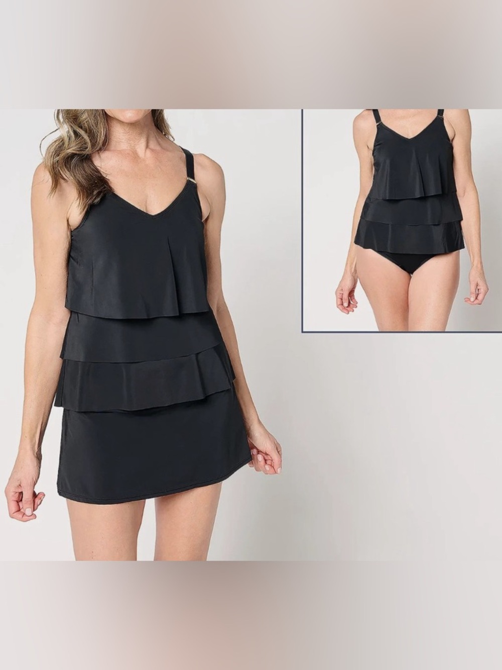 New Susan Graver Soleil Tiered Tankini with Skirt & Brief Black size 14